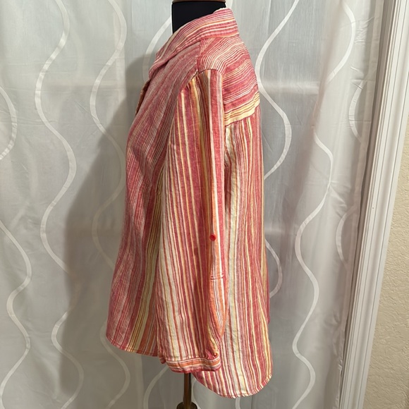 Coldwater Creek, Pink Striped, 100% Linen, Button Down Top With Roll Tab Sleeves - Picture 3 of 6